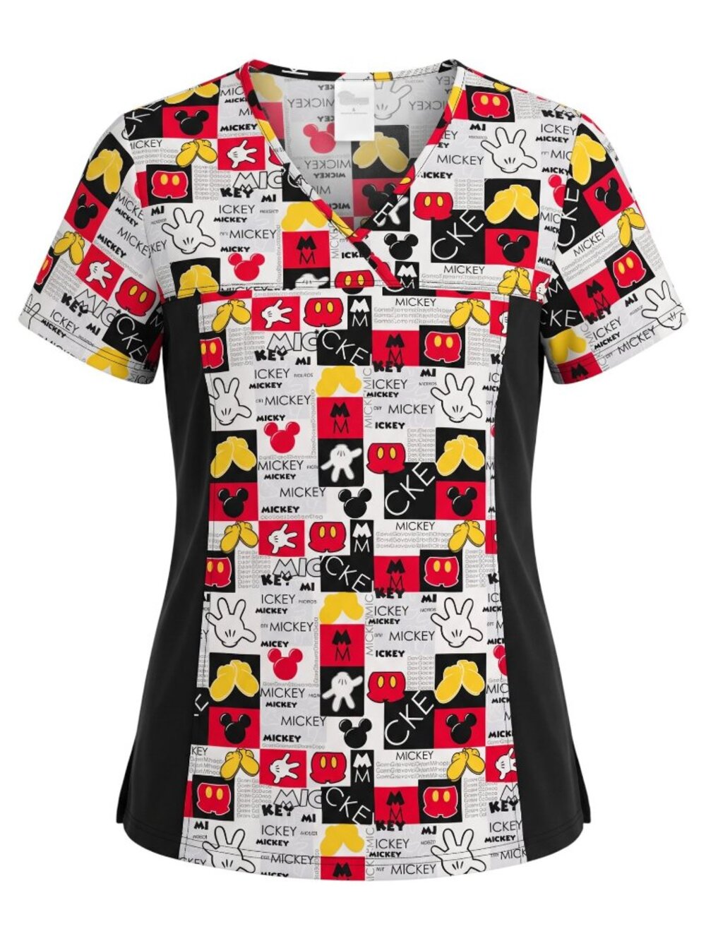 Disney Mickey Mouse Womens Scrub Top V-Neck Black Side Panels Cartoon Print S